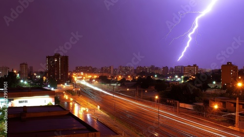 Lightning storm over a city highway at night. photo