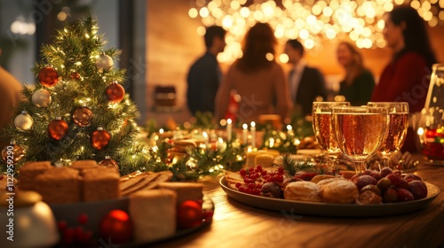 Christmas dinner with friends gathered around a table filled with festive food