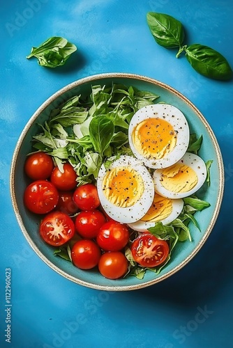  A bowl of salad with eggs, cherry tomatoes, and basil leaves on a blue background