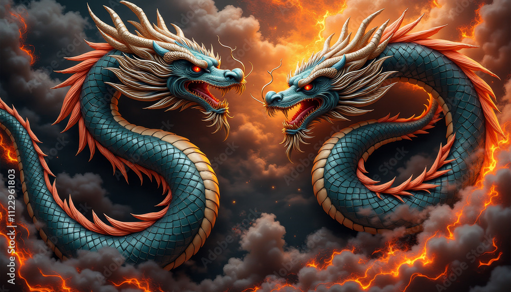 Fototapeta premium Gothic Chinese dragons, intimidating and mythical, facing each other in stormy flames