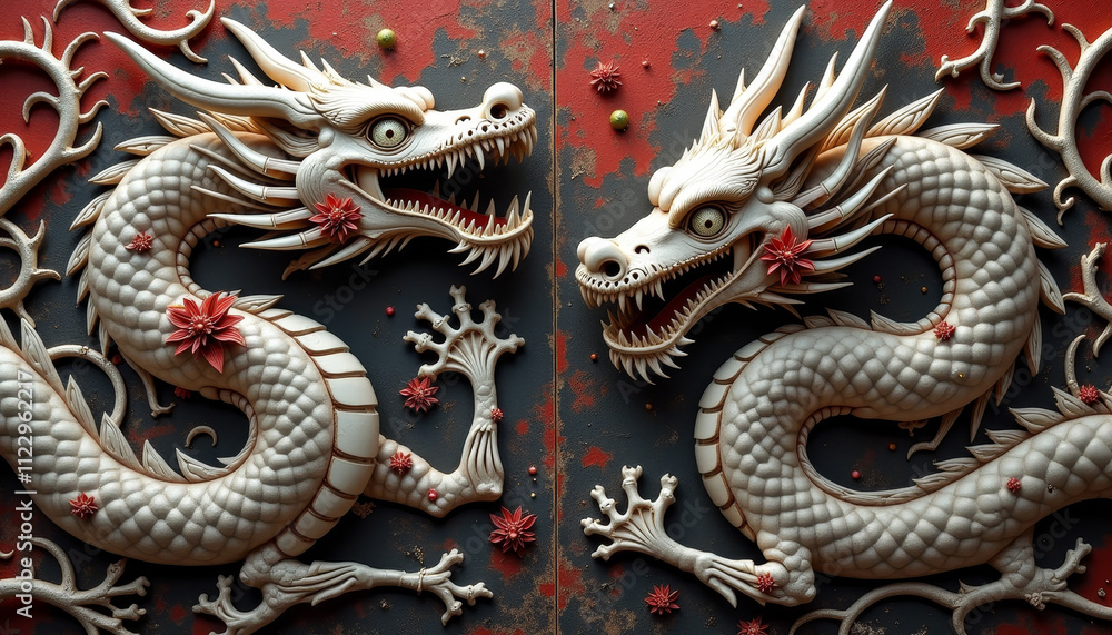 Fototapeta premium Gothic Chinese dragons, intricate and dark, mythical and intimidating, decorative wall relief art