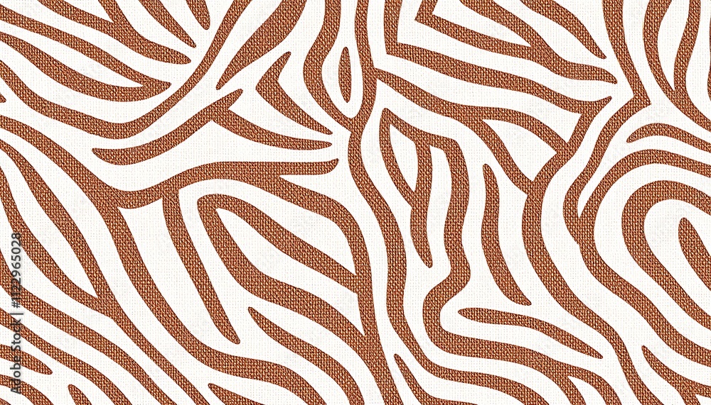 Fototapeta premium Abstract Terracotta Zebra Stripes Textile Fabric Pattern Design. Seamless pattern featuring abstract terracottacolored zebra stripes on a white textured canvas background. The design is modern