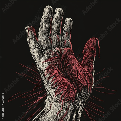 Bloody Hand Reaching Upward, Graphic Art Concept of Horror, Suffering, and Violence