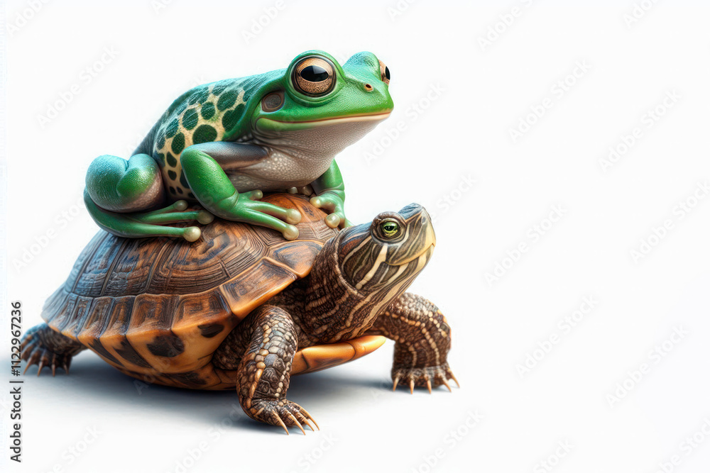 Fototapeta premium Frog on the back of a turtle on a light background. Space for text.