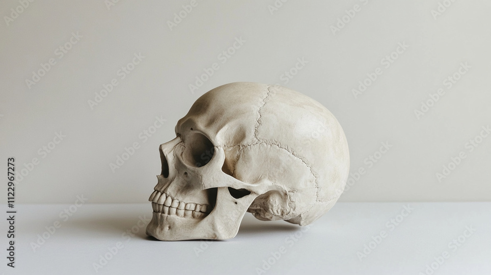 Obraz premium detailed anatomical model of human skull displayed on white surface, showcasing realistic bone structure and texture, ideal for educational or scientific purposes