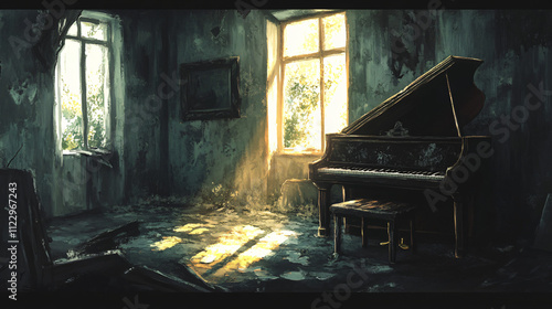 An empty room with a piano, broken walls, and faint sunlight through cracks, capturing isolation.