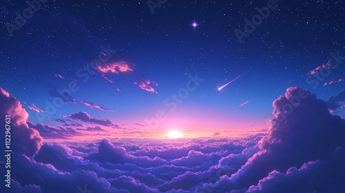 Magical Sunset Above the Clouds.  Concept of serenity, fantasy, and wonder.