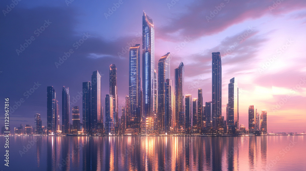 Obraz premium futuristic city skyline at dusk with glowing skyscrapers reflecting on calm water, under vibrant sky blending pink and purple hues