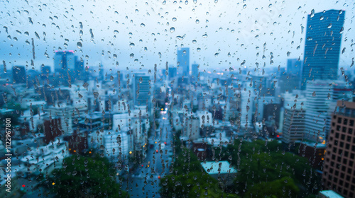 Rainy Cityscape Viewed Through a Window. Urban Cityscape on a Cloudy Day.