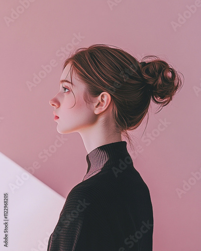 young woman with her hair tied in loose bun stands in profile against soft pink background, wearing black turtleneck sweater, exuding elegance and calm