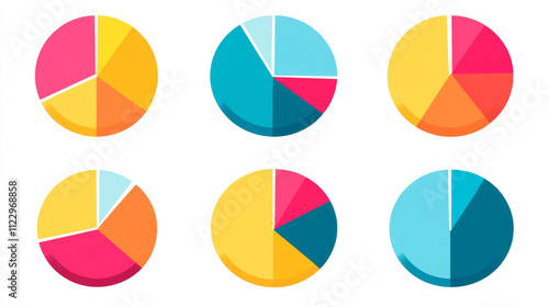Circle division infographic icon set. Pie chart divided 4,5,6 equal parts. Color pizza or donut round diagram. Infographic wheel segment and fraction. Vector illustration isolated on white background.