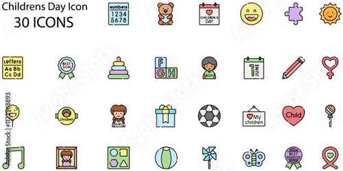 Set of Childrens Day icons. Line art style icons bundle. vector illustration