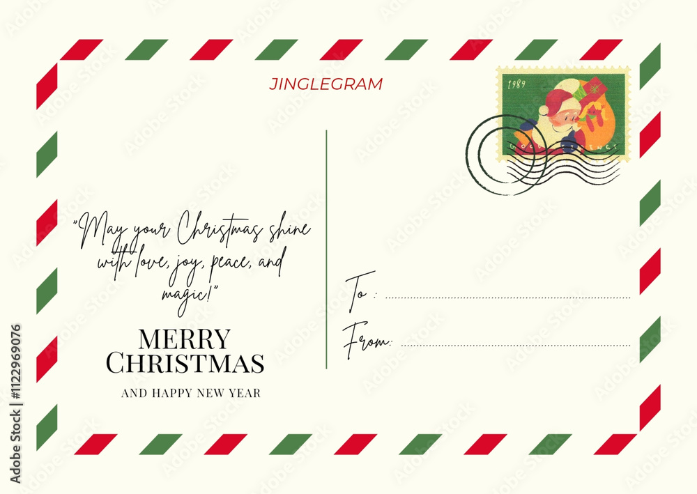 Fototapeta premium Vintage Christmas postcard features a festive airmail border, a retro Santa Claus stamp, and a heartfelt holiday greeting, perfect for spreading Christmas magic and New Year wishes