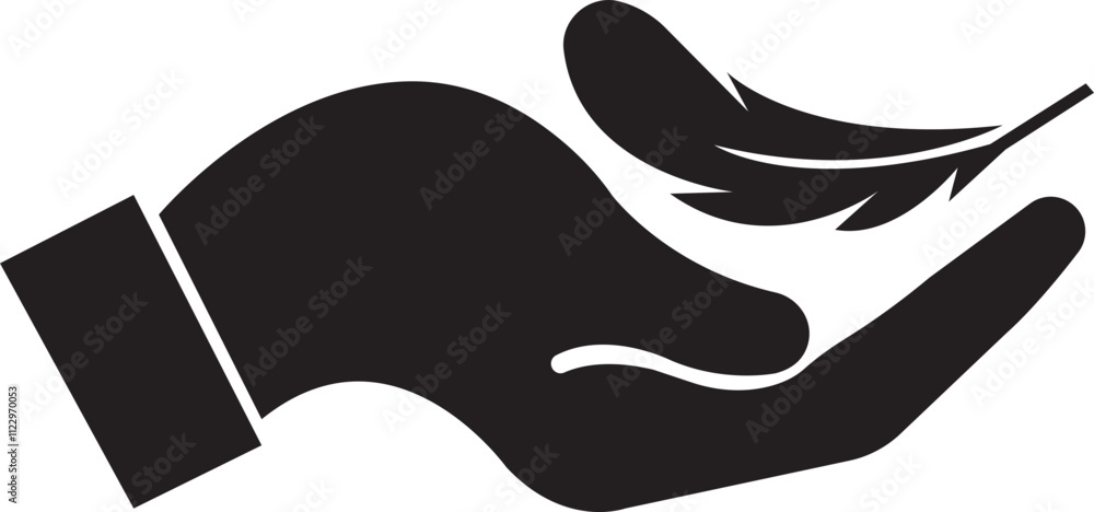 Obraz premium Feather in hand icon. Lightweight sign. Sensitive vector with soft feather symbol in flat style. Concept of light weight clothing fabric, light beauty product badge isolated on transparent background.