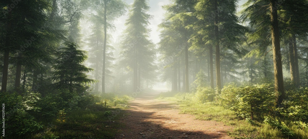 Fototapeta premium Misty Forest Path: A Serene Walk Through Nature's Embrace