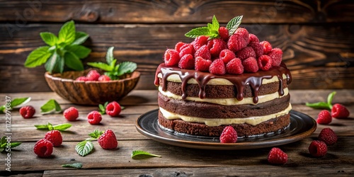 Indulge in Decadence: A Luscious Chocolate Cake Layered with Cream and Topped with Fresh Raspberries for a Vibrant Dessert Experience photo