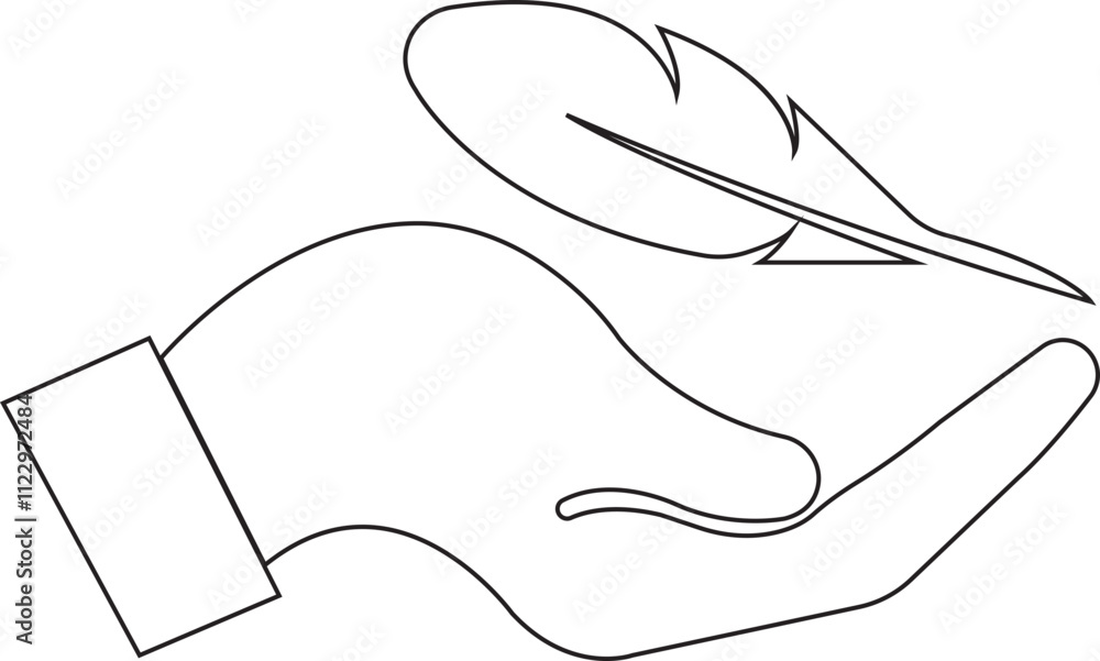 Feather in hand icon. Lightweight sign. Sensitive vector with soft feather symbol in line style. Concept of light weight clothing fabric, light beauty product badge isolated on transparent background.