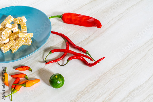 Top view of food background with chili, lime, and tempeh on marble background