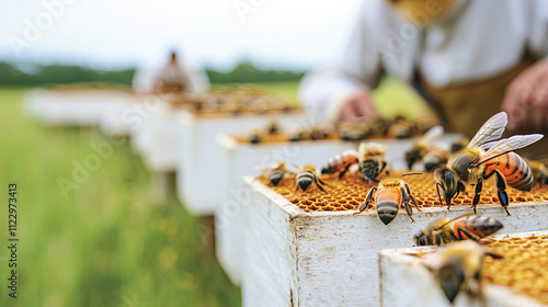 Bees on honeycomb in rustic apiary with beekeeper tending hives in lush green field