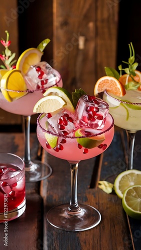 Cocktail with lemon and ice cubes on wooden table in bar