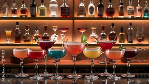 Glasses of cocktails on bar background