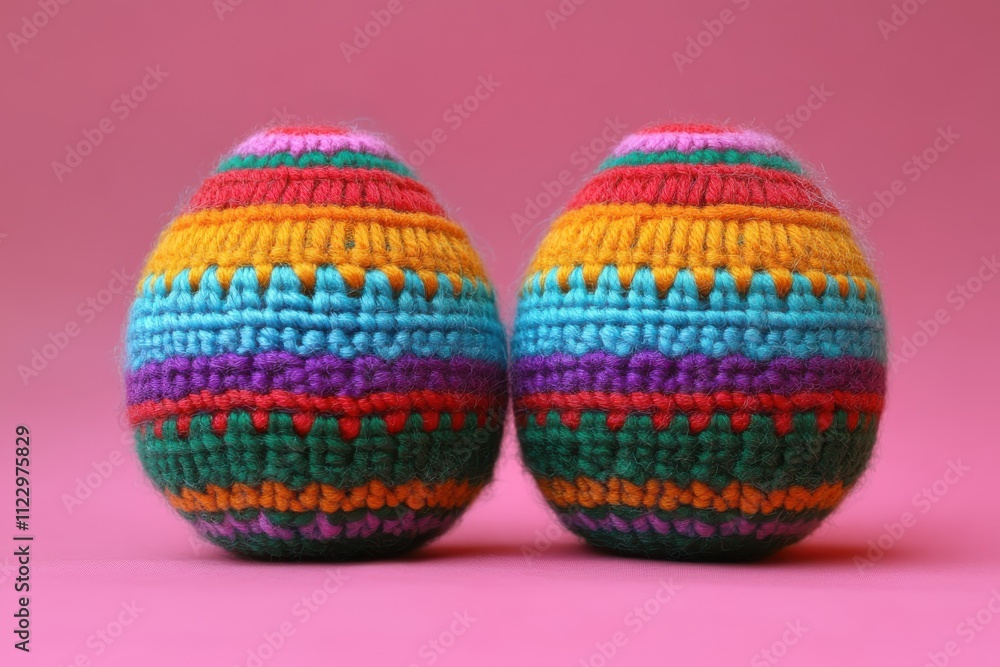 Obraz premium Two colorful, knitted egg-shaped objects against a pink background.