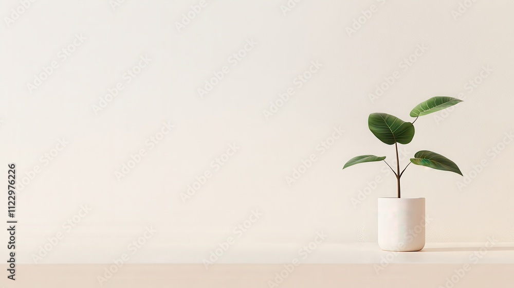 Minimalist plant in a ceramic pot on a light beige surface against a plain white background. Minimalist plant in a ceramic pot on a light beige surface against a plain white background.