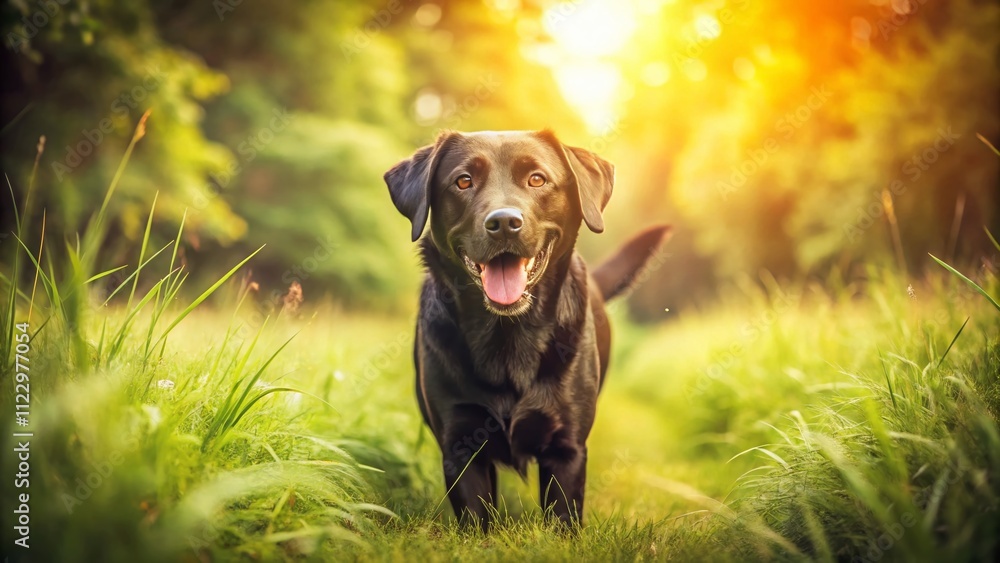 Joyful Black Labrador Playing in a Lush Green Meadow Under the Bright Sun on a Beautiful Day, Captured in Vintage Style Photography with Soft Focus and Warm Tones Joyful Black Labrador Playing in a Lush Green Meadow Under the Bright Sun on a Beautiful Day, Captured in Vintage Style Photography with Soft Focus and Warm Tones