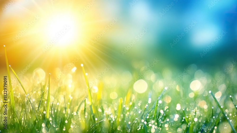 Fototapeta premium The fresh spring grass is covered with morning dew drops.