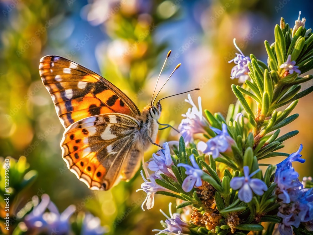Obraz premium Long Exposure Capture of a Painted Lady Butterfly Gracefully Resting on a Vibrant Rosemary Bush Amidst a Softly Blurred Garden Background for Nature and Wildlife Photography