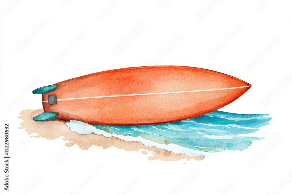 Fototapeta premium Watercolor Surfboard on Sandy Beach Ocean Waves Summer Fun Illustration