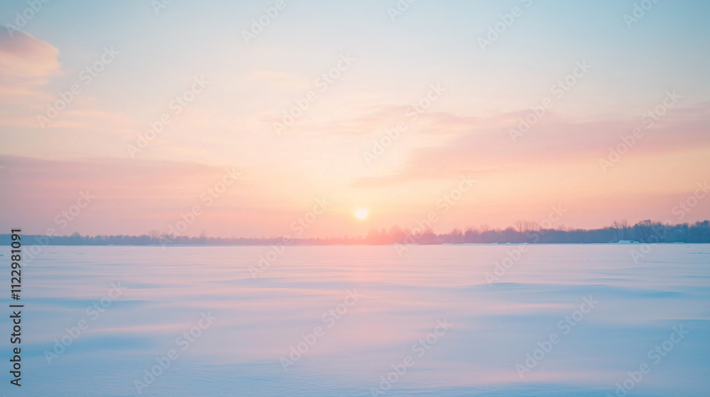 Fototapeta premium A peaceful winter sunrise over vast snow-covered fields, with pastel skies and a serene, tranquil winter landscape stretching to the horizon.