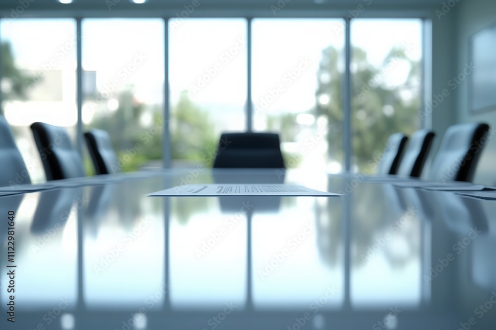 Modern Conference Room with a Reflective Table and Soft Natural Light, Featuring Documents and Chairs in a Professional Business Environment Modern Conference Room with a Reflective Table and Soft Natural Light, Featuring Documents and Chairs in a Professional Business Environment