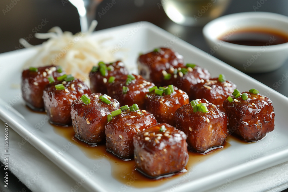 Modern bite-sized longganisa with sweet soy glaze and chives on a sleek plate, served with spicy vinegar dip, white wine, and minimalist table decor in refined natural light. Modern bite-sized longganisa with sweet soy glaze and chives on a sleek plate, served with spicy vinegar dip, white wine, and minimalist table decor in refined natural light.