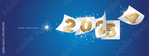New Year 2025 and the end of 2024. Winter holiday greeting card design template on blue background. Golden glittering new year 2025 and the end of 2024 on white calendar sheets and sparkle firework