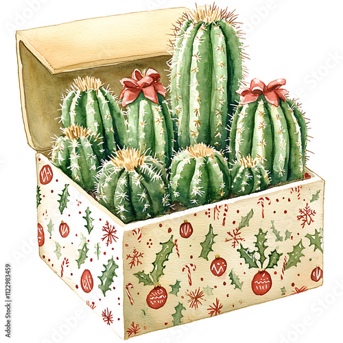 festive box filled with Rebutia heliosa cactuses adorned with bows. This charming watercolor illustration captures joy of gifting plants photo