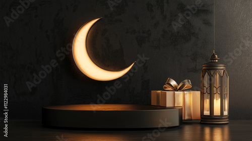 Ramadan podium display with crescent moon, gift box, and lantern. Concept of celebration, gift giving, and Islamic festival.