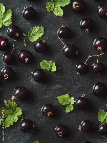 Black Currants and Leaves on Dark Background. Fresh, Healthy, and Vibrant Food Photography.