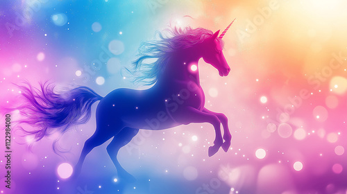 Magical Unicorn Silhouette in a Rainbow Bokeh Background. Concept of fantasy, magic, and wonder.