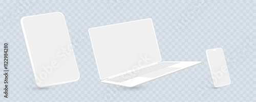 Laptop Computer, Smartphone, and Tablet Levitating on a Transparent Background. Vector.