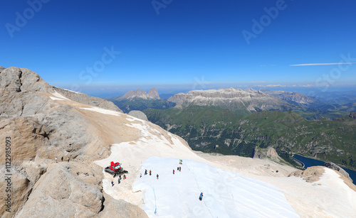 MARMOLADA mountain in the European Alps and what remains of the glacier that inexorably melts more and more every year photo