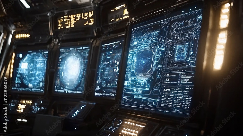 Obraz premium futuristic command center with 3D holographic monitors