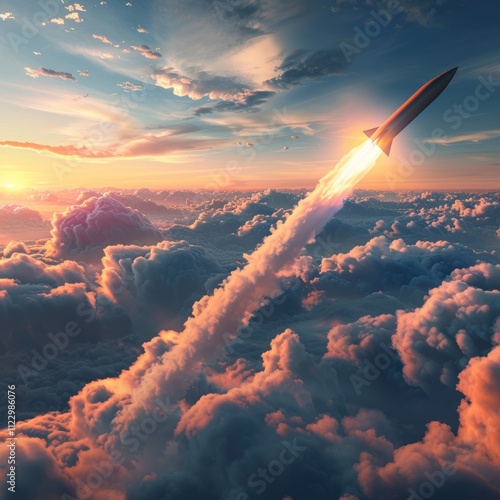 Hyper sonic missile. A combat rocket is flying above the clouds. Missile attack, air attack, war, missile strike. Hyper sonic missile. A combat rocket is flying above the clouds.  photo