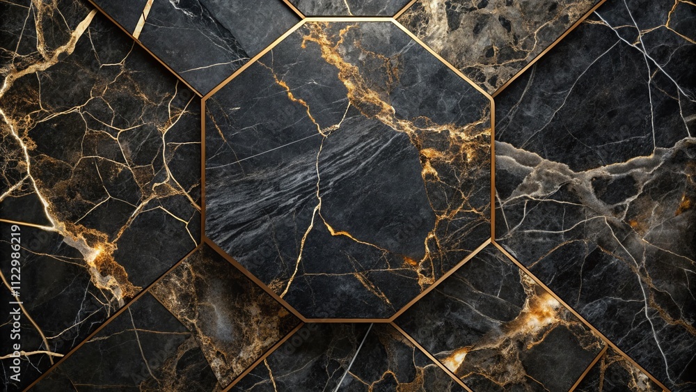 Fototapeta premium Luxurious Black Marble with Emperador Veins - High-Resolution Polished Limestone Texture in Elegant Polygon Design for Modern 3D Wallpaper Backgrounds
