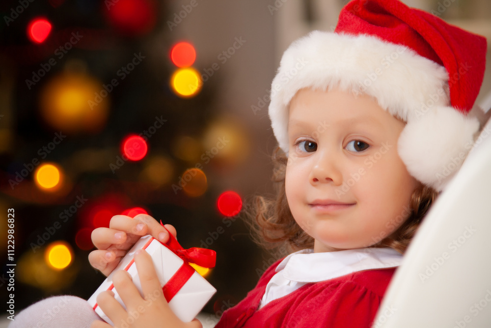 Portrait of little cute girl in Santa Claus costume with Christmas present