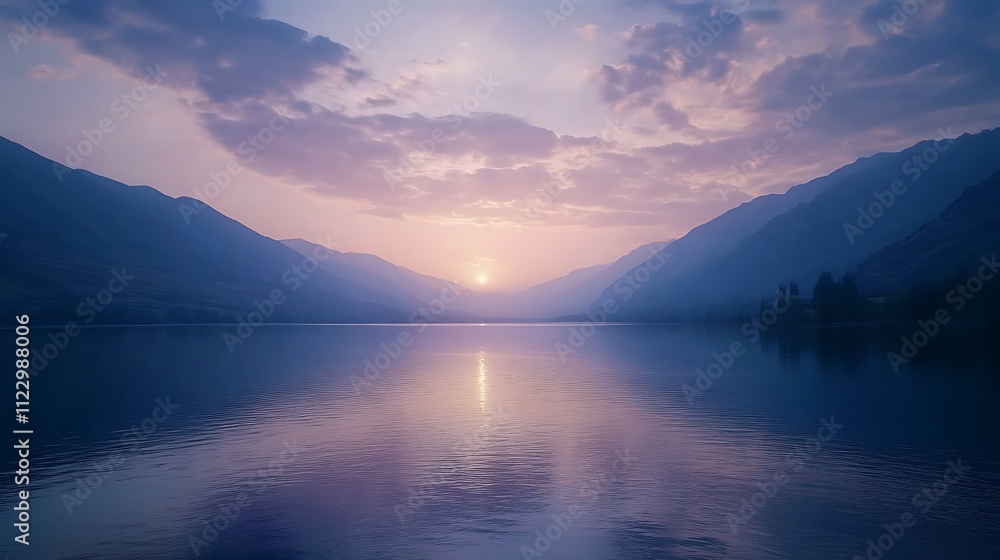 Fototapeta premium A serene lake surrounded by mountains at sunrise