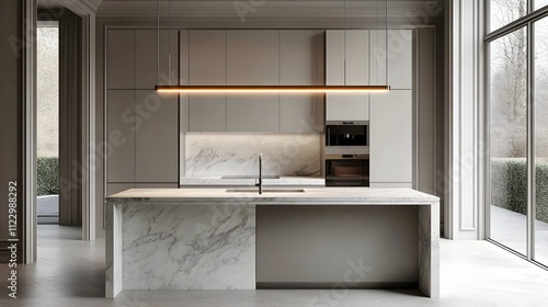 Luxurious kitchen with white marble countertops Polished metal appliances