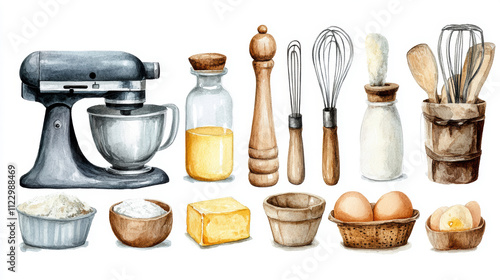 Baking watercolor set with kitchen utensils, mixer, flour, and egg