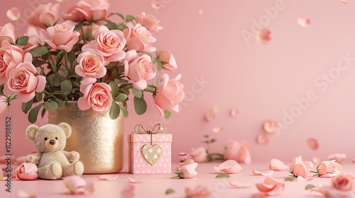 Soft Pink Roses in Vase with Gift Box and Teddy Bear on Pink Background