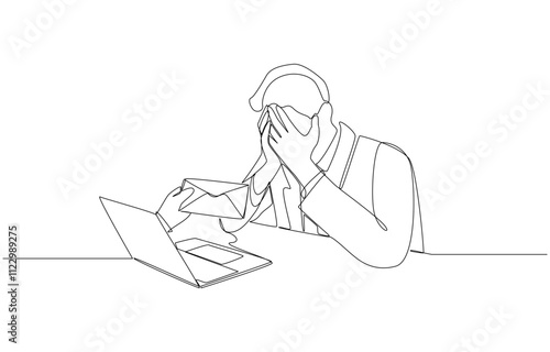 One line drawing of employer's hand coming out from laptop screen to hand layoff envelope to employee with hands holding face, economic recession and company staff reduction concept, single line art.